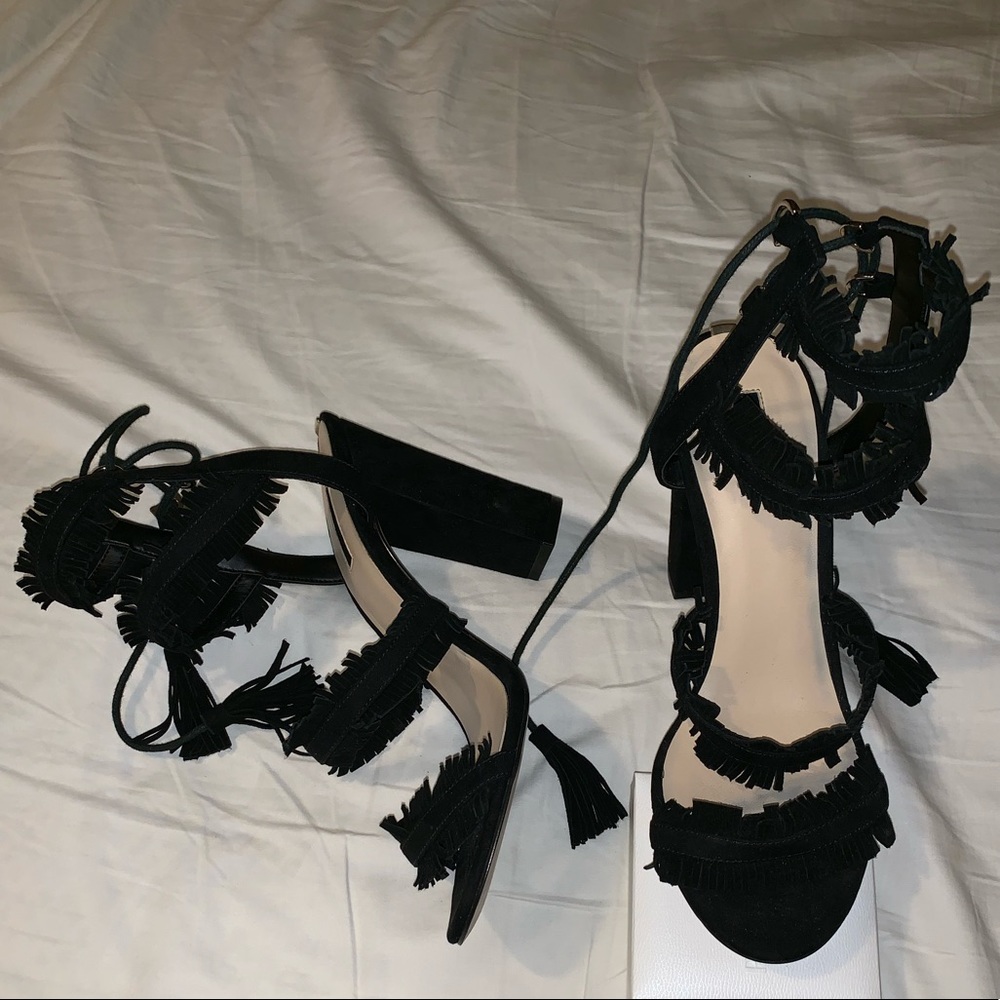 SOLD GUESS Fringe Block Heel Sandal Black Size 9